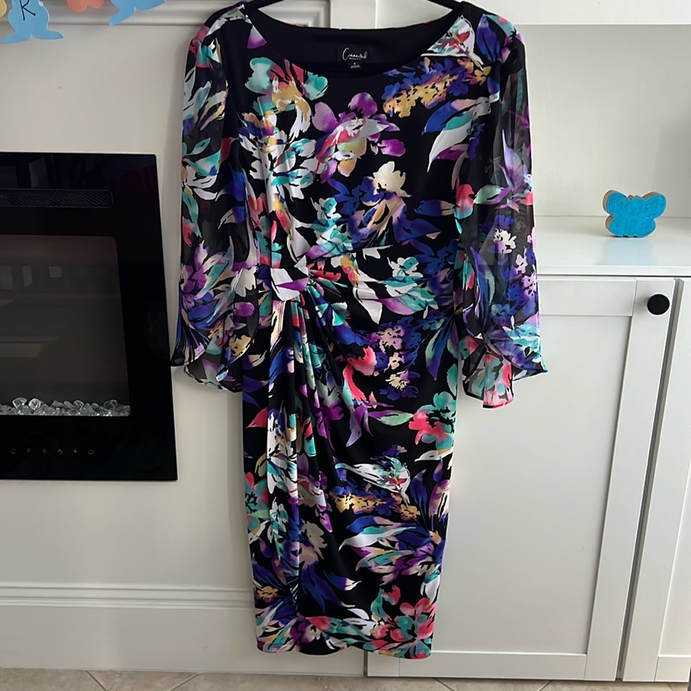 connected apparel Black Floral Midi Dress with Purple, Teal, and Pink Accents